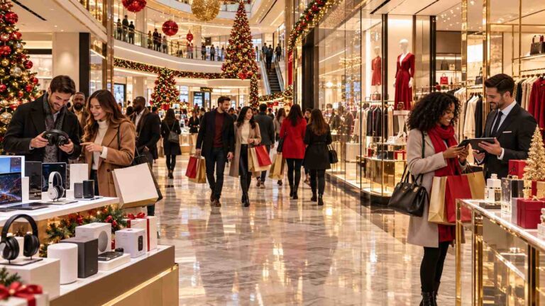 Black Friday shoppers exploring holiday deals on electronics, fashion, and gifts inside a modern American shopping mall