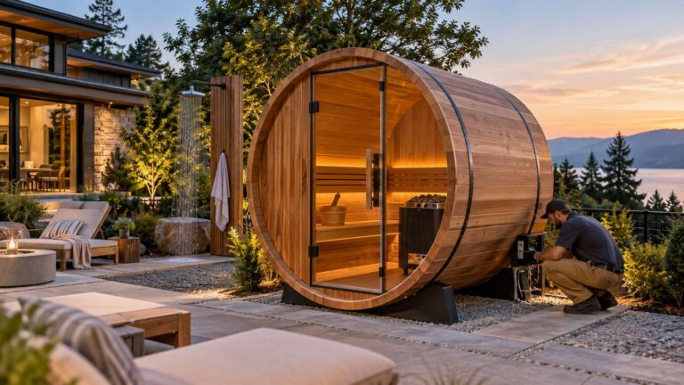 Buy barrel sauna for home outdoor backyard installation