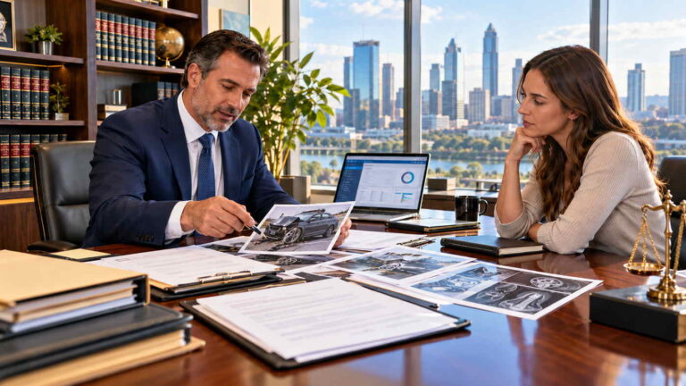 Car accident lawyer reviewing collision reports, medical records, and insurance documents with a client during a legal consultation.