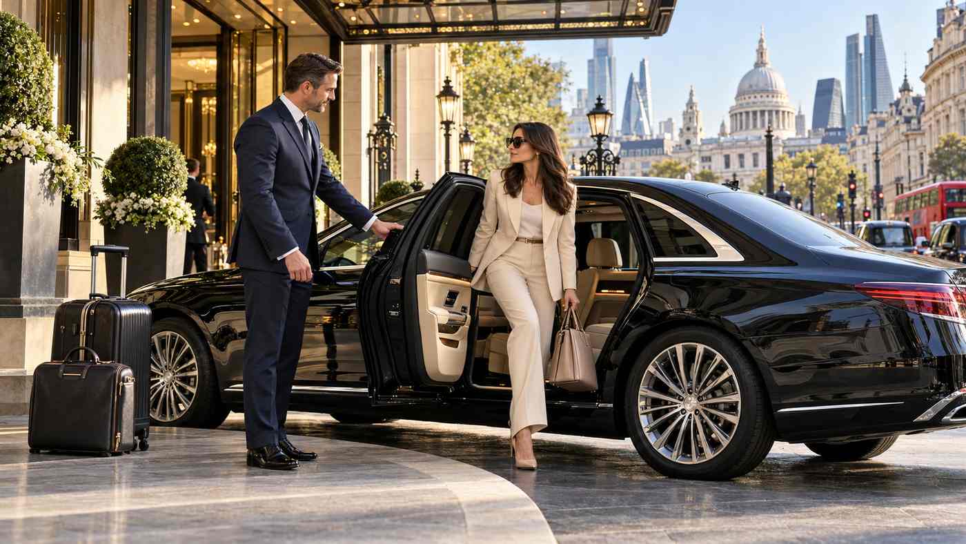 Professional chauffeur hire service with luxury executive car outside a London hotel