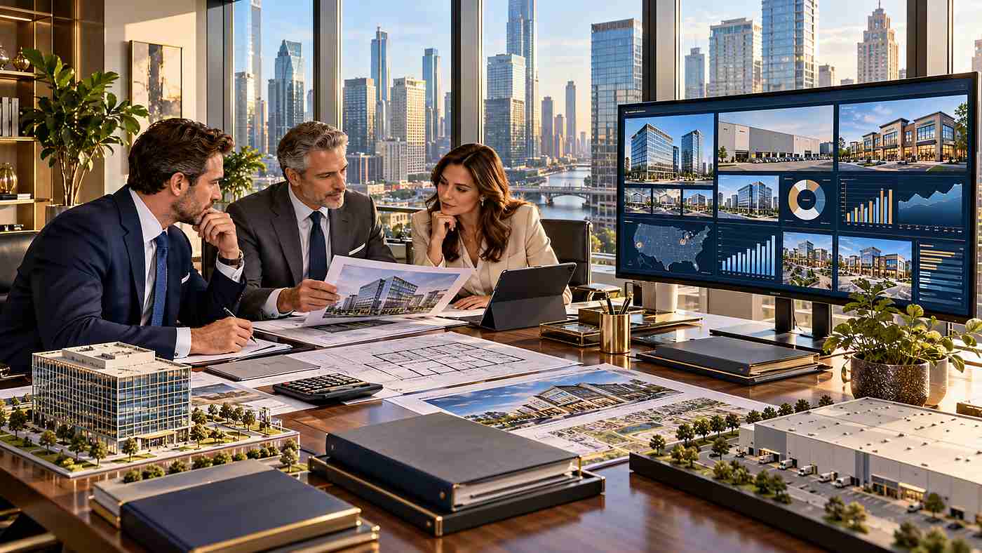 Commercial property investment professionals analysing office buildings, rental income and real estate portfolios