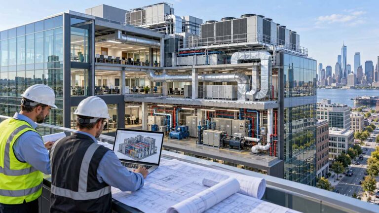 Commercial HVAC system design NJ with rooftop equipment and professional engineering plans