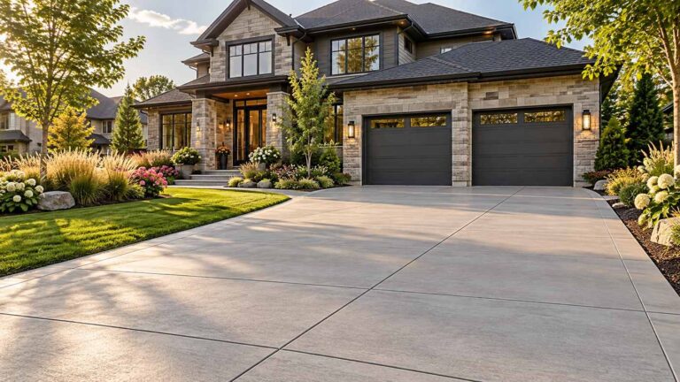 Modern concrete driveway with a clean finish outside a beautiful American home