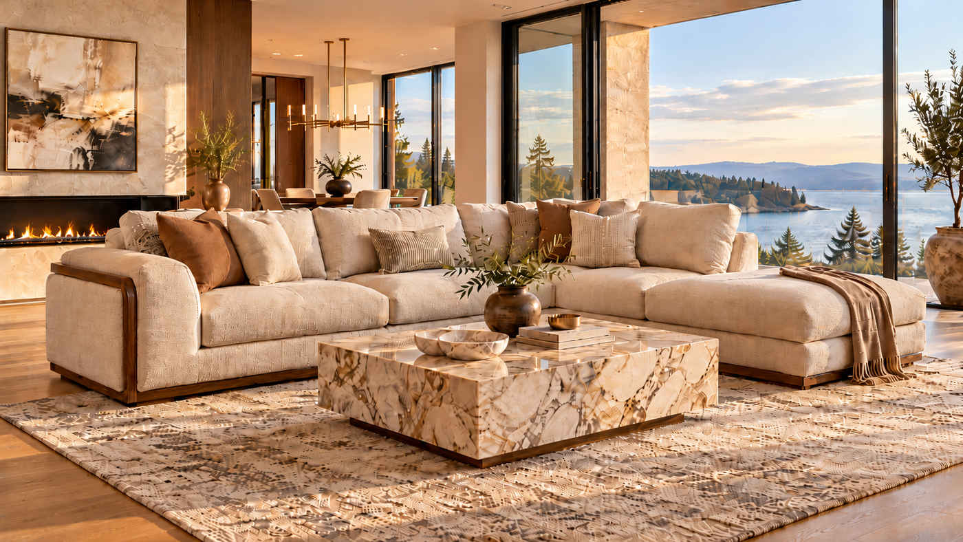 Luxury custom sofa with tailored upholstery in a modern living room