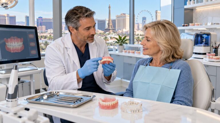 Dentist discussing custom dentures in Las Vegas with a patient at a modern dental clinic