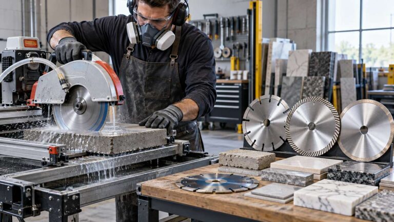 Diamond blade cutting concrete with professional wet-cutting equipment