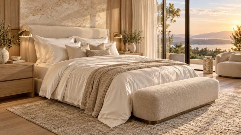 Luxury Egyptian cotton sateen sheets on an elegant king size bed in a modern bedroom