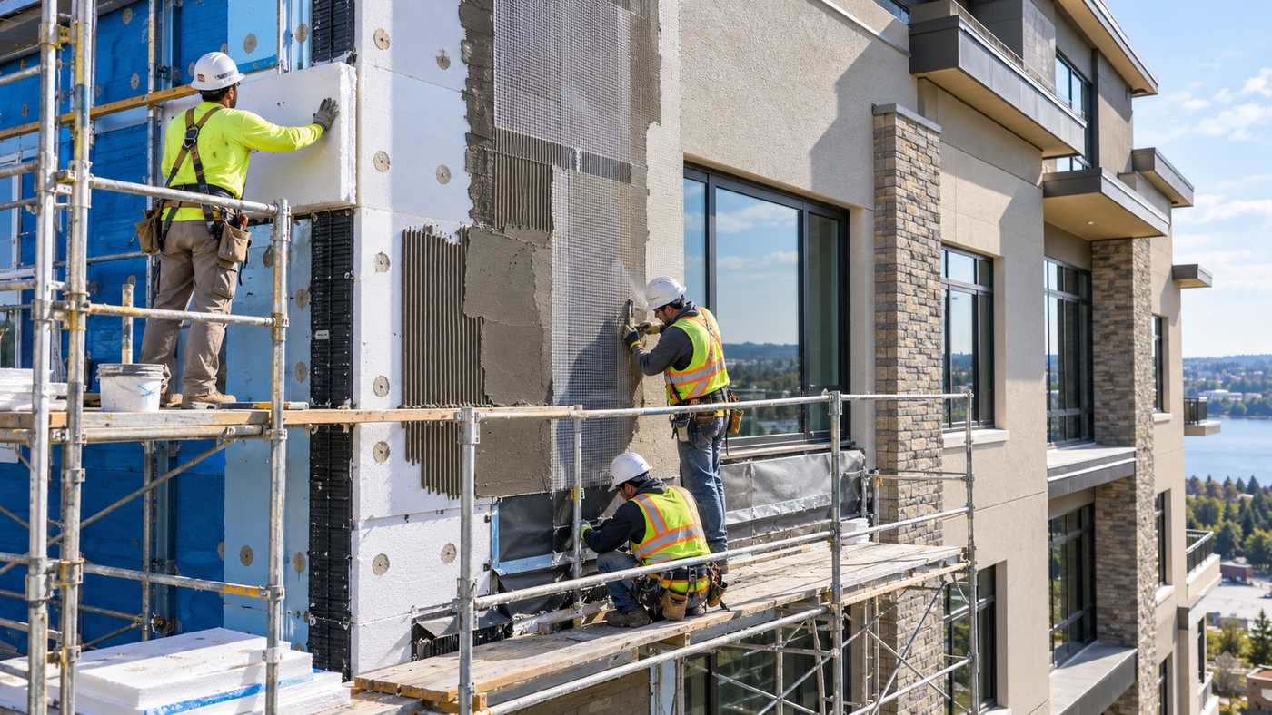 Professional EIFs installation on a commercial building