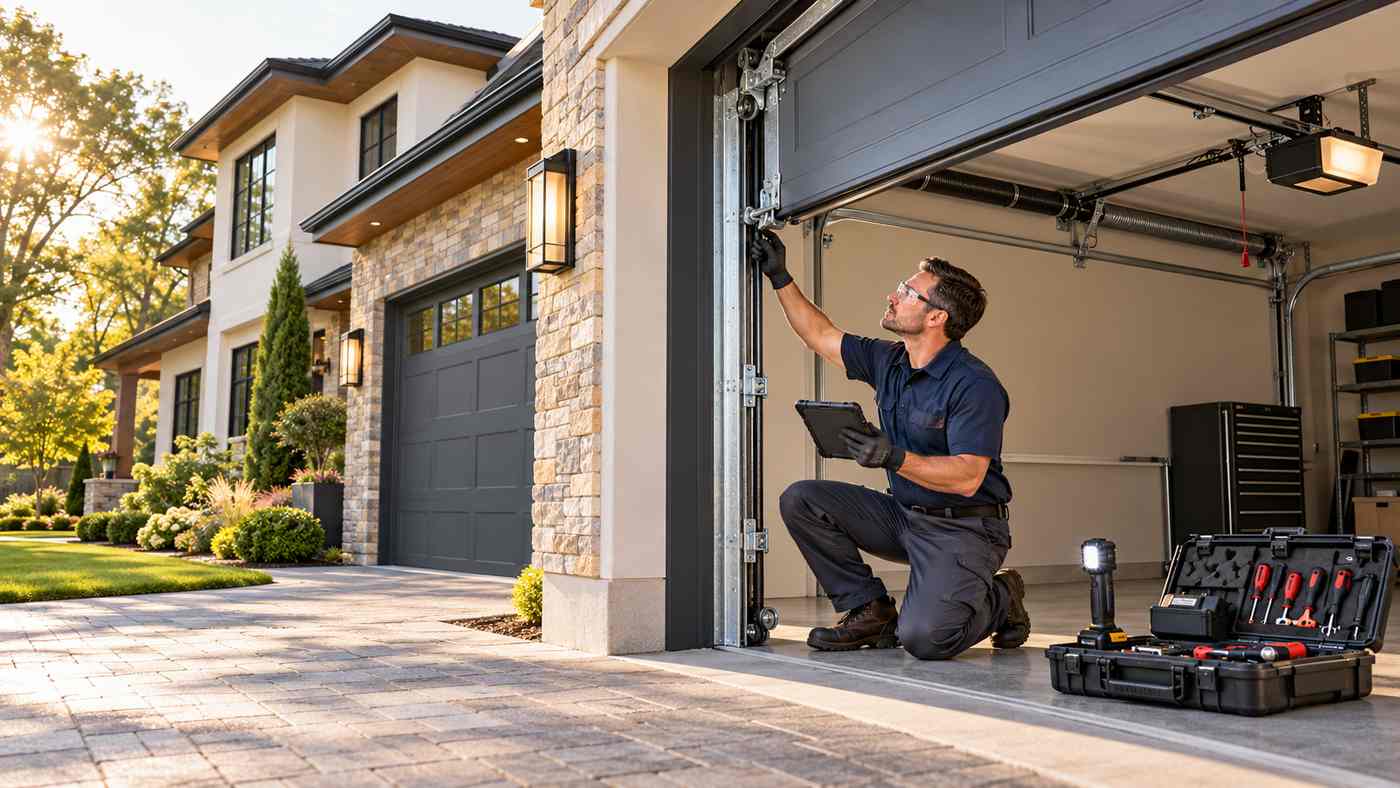 Emergency garage door services technician inspecting a modern residential garage door