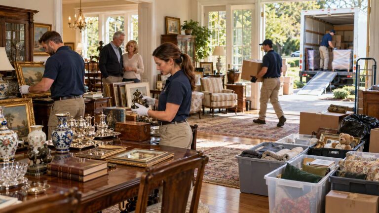 Estate liquidation and cleanout professionals sorting household contents