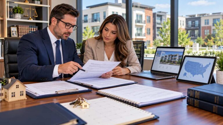 Eviction notice template by state reviewed by a property manager and attorney with rental documents and a United States map.