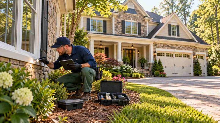 Professional exterminator Concord NC inspecting a suburban home's exterior foundation for pests
