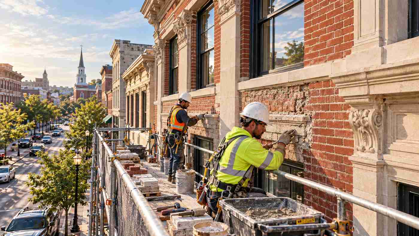 Professional facade restoration in New Jersey showing historic brick repointing and stone repair