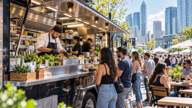 Professional food truck company serving customers outdoors