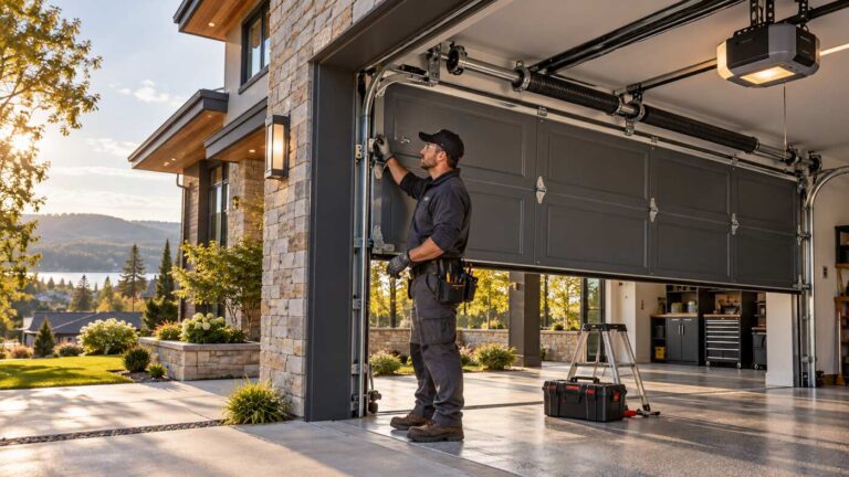 Professional garage door repair contractor inspecting a residential garage door