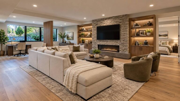 Luxury basement remodel with modern entertainment lounge and custom interior design