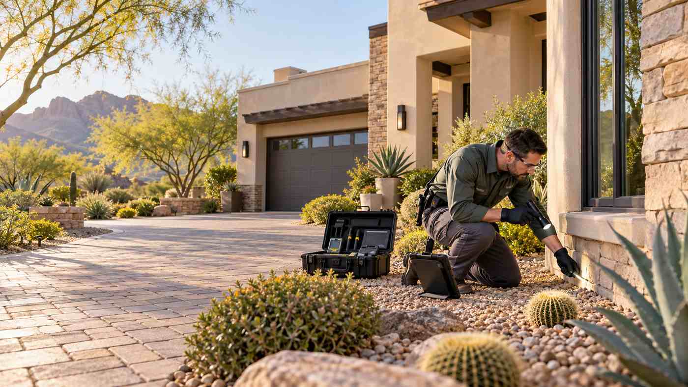 Professional pest control technician inspecting a residential home in Chandler Arizona