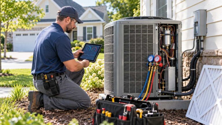HVAC technician performing preventive system maintenance