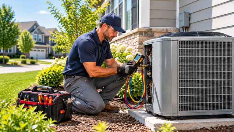 Professional air conditioning company technician servicing a home AC system