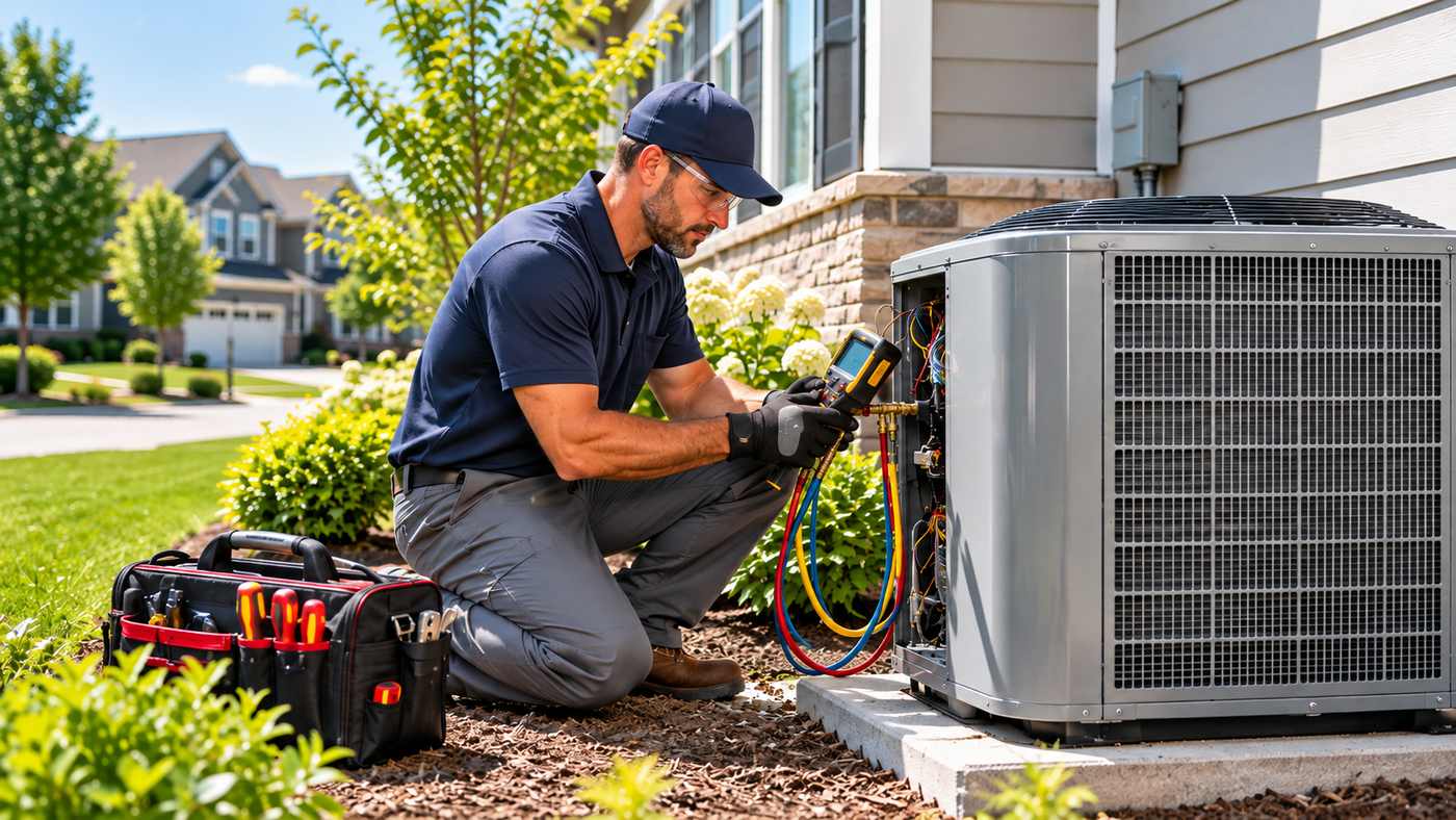Professional air conditioning company technician servicing a home AC system