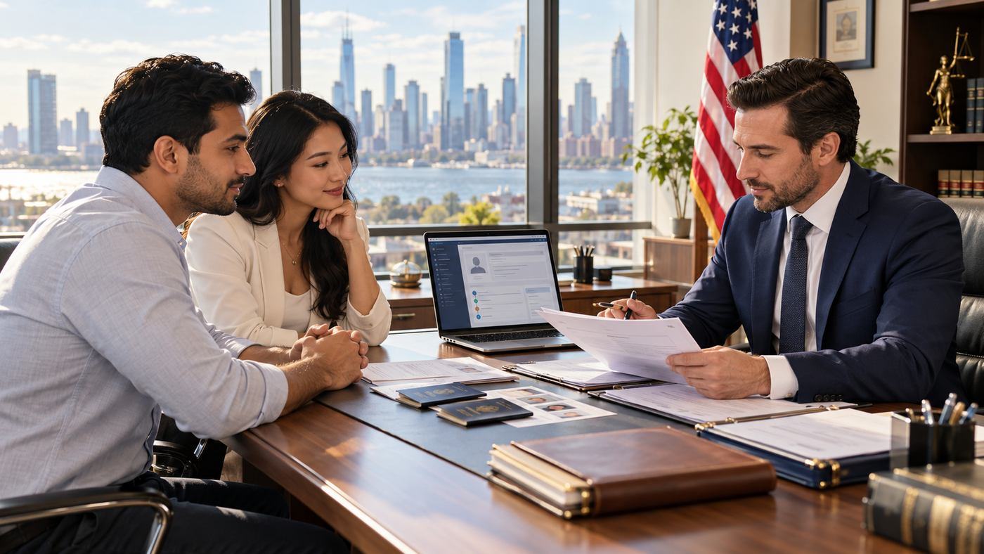 Experienced immigration lawyer consulting with clients about visa applications and immigration legal services in a modern law office.