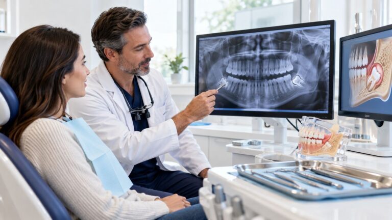 Dentist reviewing X-ray of impacted wisdom teeth