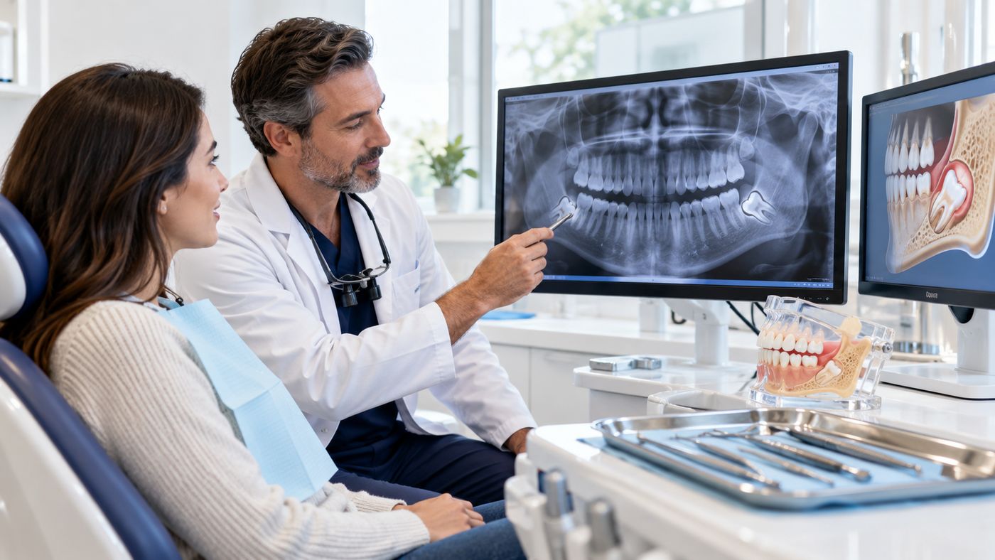 Dentist reviewing X-ray of impacted wisdom teeth