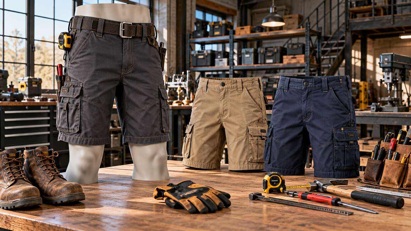 Durable industrial shorts with reinforced pockets and professional workwear details