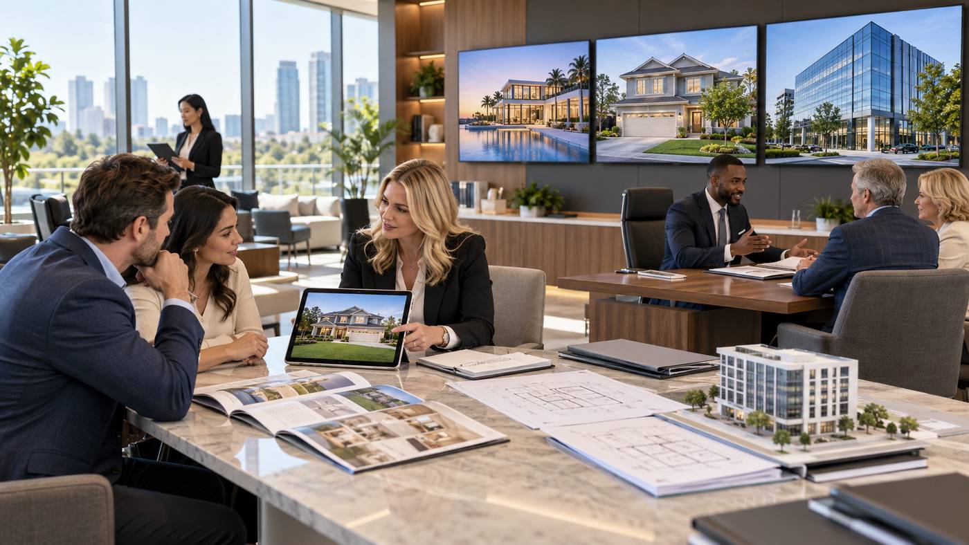 Different kinds of real estate agents helping property clients