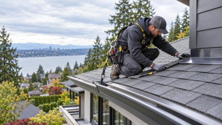 Professional Kirkland roof repair contractor inspecting a home