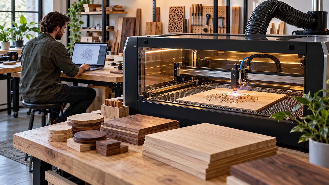 Laser engraver for wood in a professional workshop