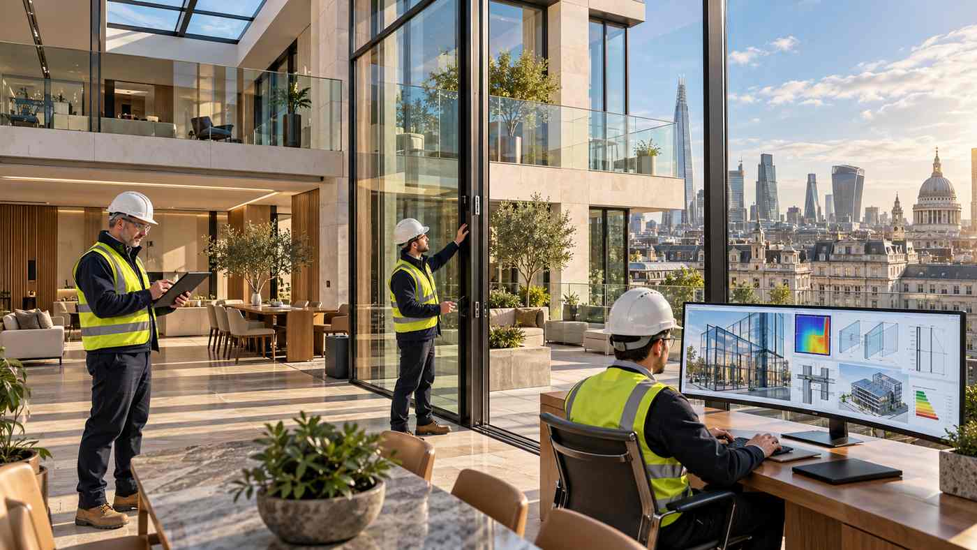 London architectural glass with structural glazing, frameless doors and glass balustrades in a modern building