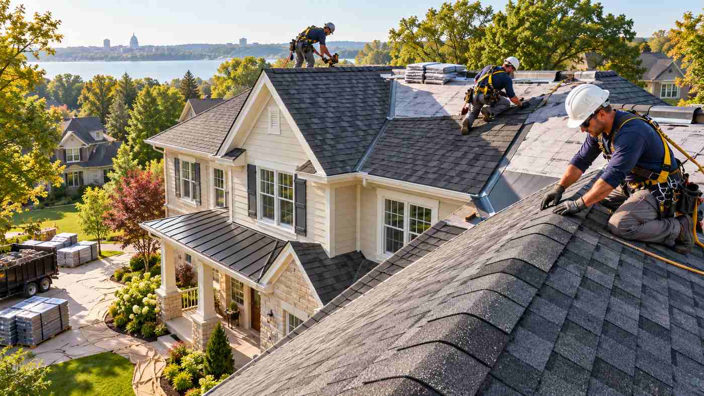 Madison roofing company installing architectural shingles on a Wisconsin residential home