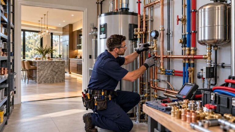 Professional plumbing services technician inspecting water supply pipes, fittings, and water heater equipment inside a modern American home.