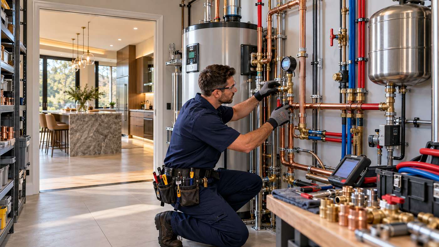 Professional plumbing services technician inspecting water supply pipes, fittings, and water heater equipment inside a modern American home.