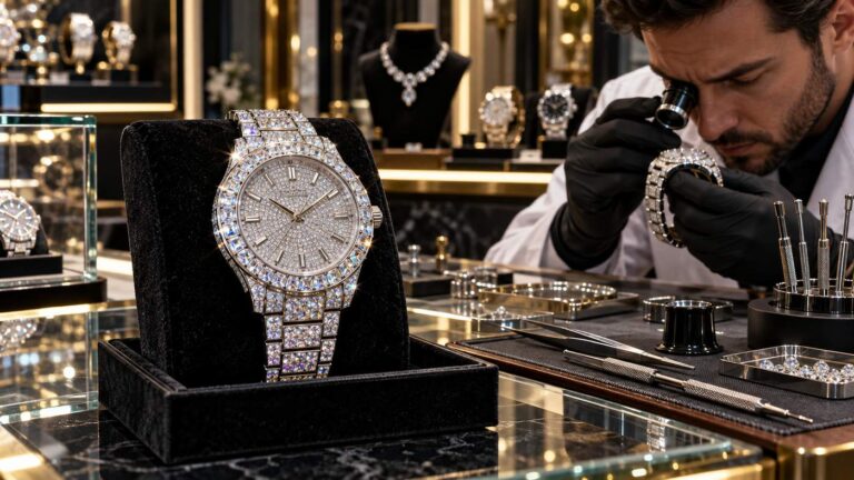 Luxury moissanite watch with iced-out stone setting