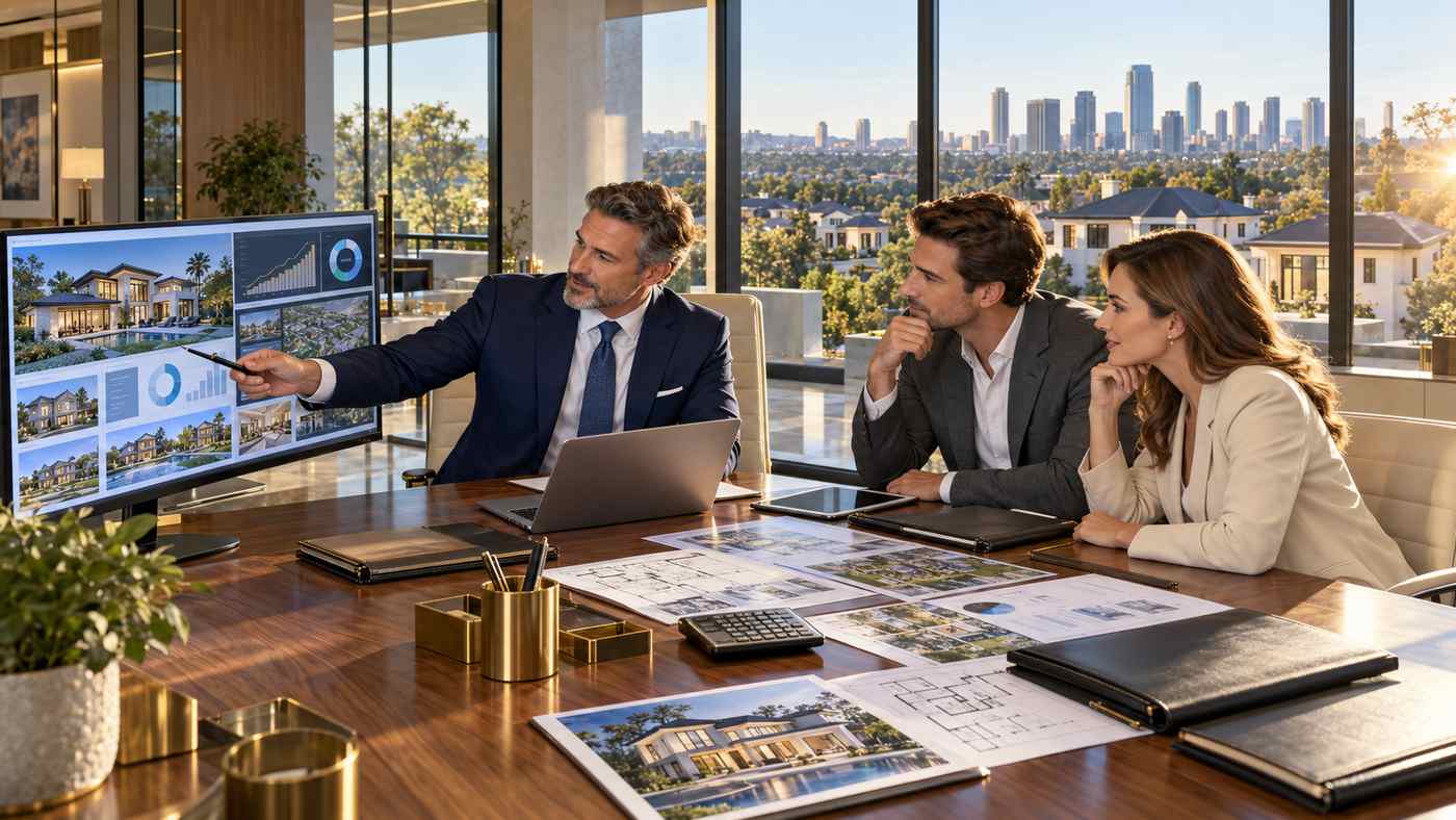 Large mortgages consultation with a finance advisor reviewing jumbo home loan options and property valuations