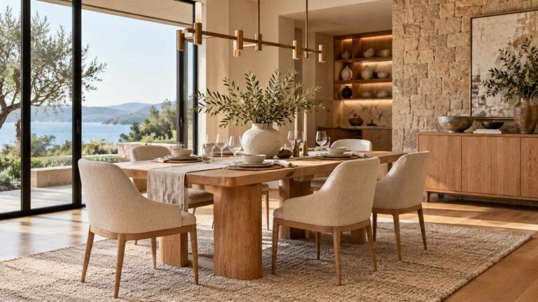 Luxury solid oak dining table with six upholstered chairs in a modern American dining room