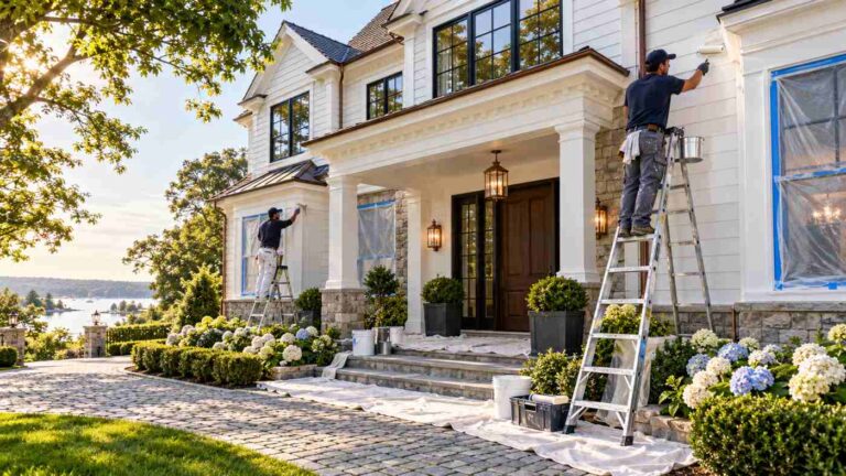 Professional painters in Greenwich CT painting the exterior of an elegant Connecticut home