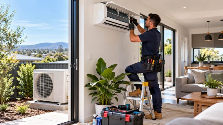 Penrith air conditioning technician servicing a home AC system