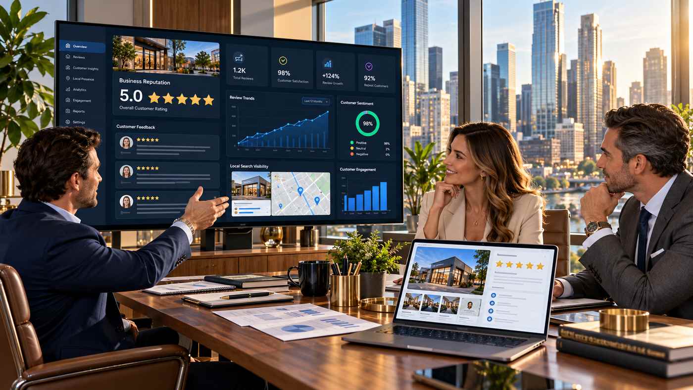 5.0 Google review rating displayed on a professional business reputation management dashboard
