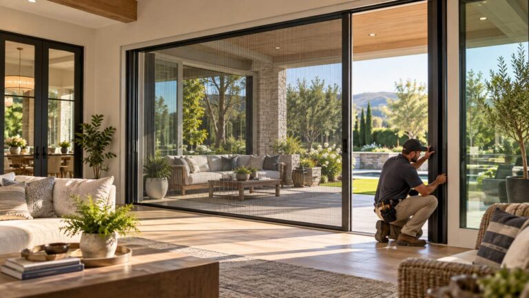 Retractable screen doors on a modern patio entrance