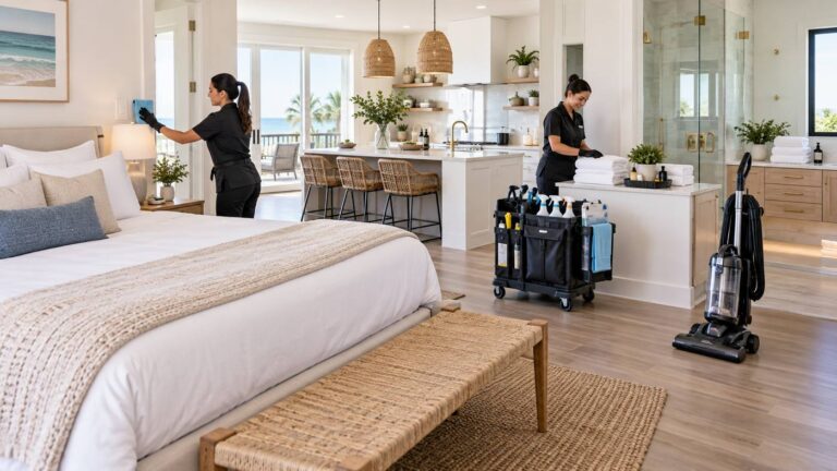 Short-term rental cleaning team preparing a guest-ready property