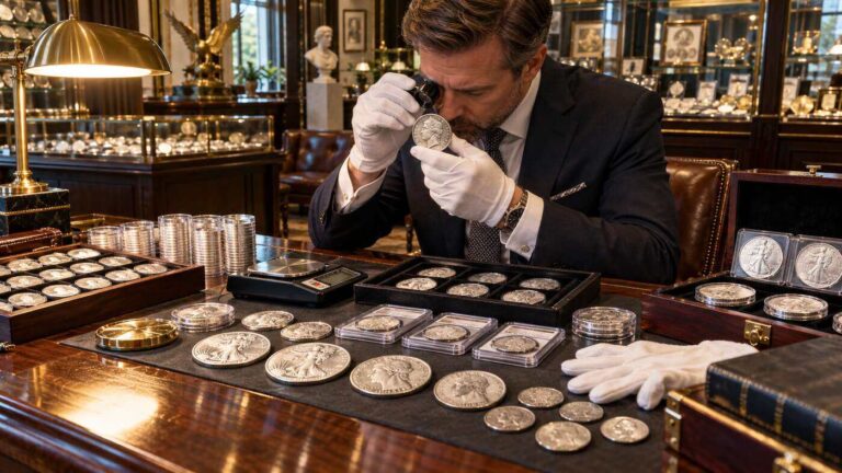 Professional silver coin buyer examining collectible American silver coins with a magnifying loupe