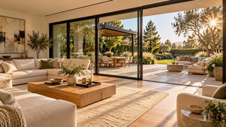 Modern sliding glass patio doors connecting a luxury American living room to an outdoor patio