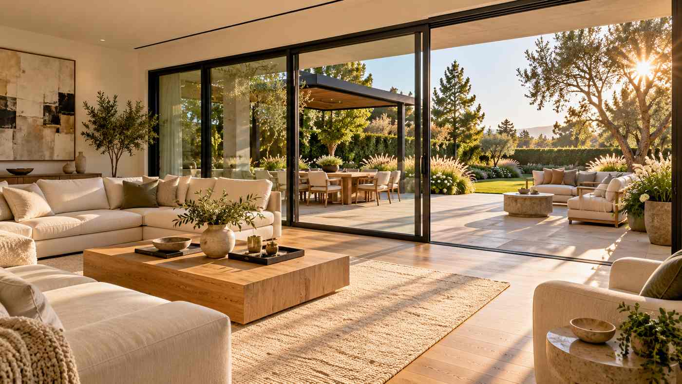 Modern sliding glass patio doors connecting a luxury American living room to an outdoor patio