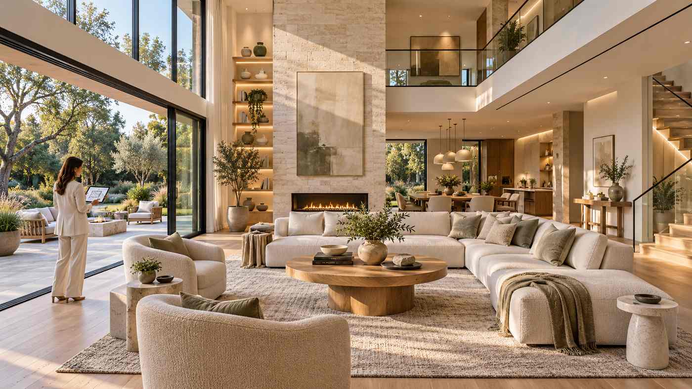 Spatial perception in a modern living room with balanced furniture layout and natural lighting