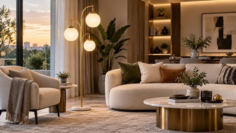 Modern standing lamp beside a luxury living room sofa