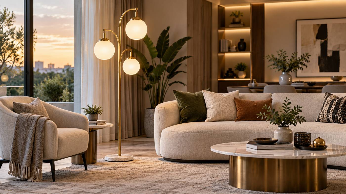 Modern standing lamp beside a luxury living room sofa
