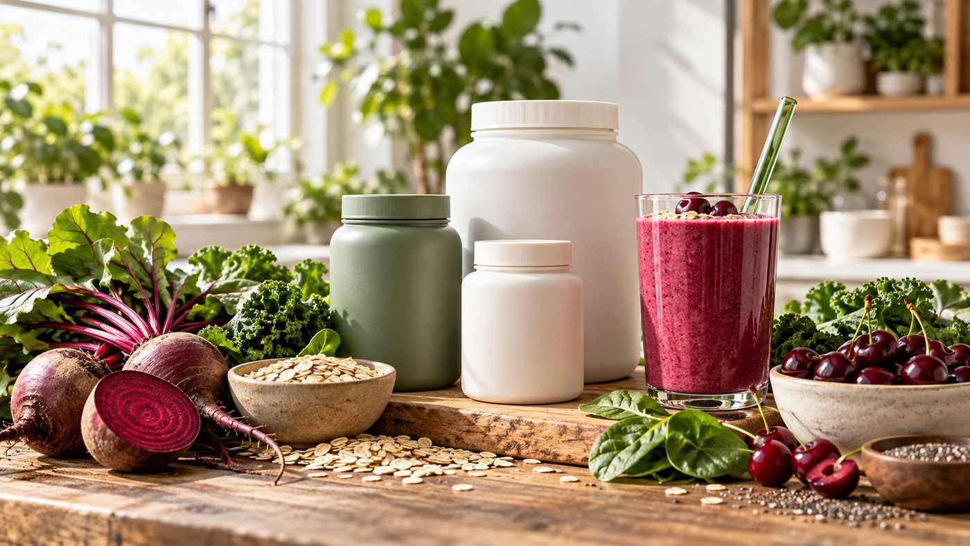 Plant-based nutrition supplements surrounded by natural ingredients for active living.